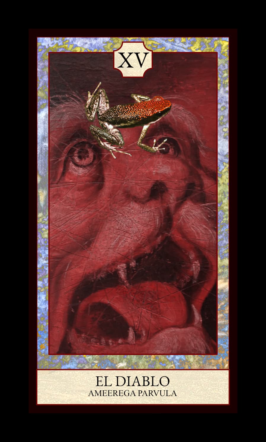 Collage digital — carta «El Diablo» del Tarot de Ranas, con la rana Ameerega parvula