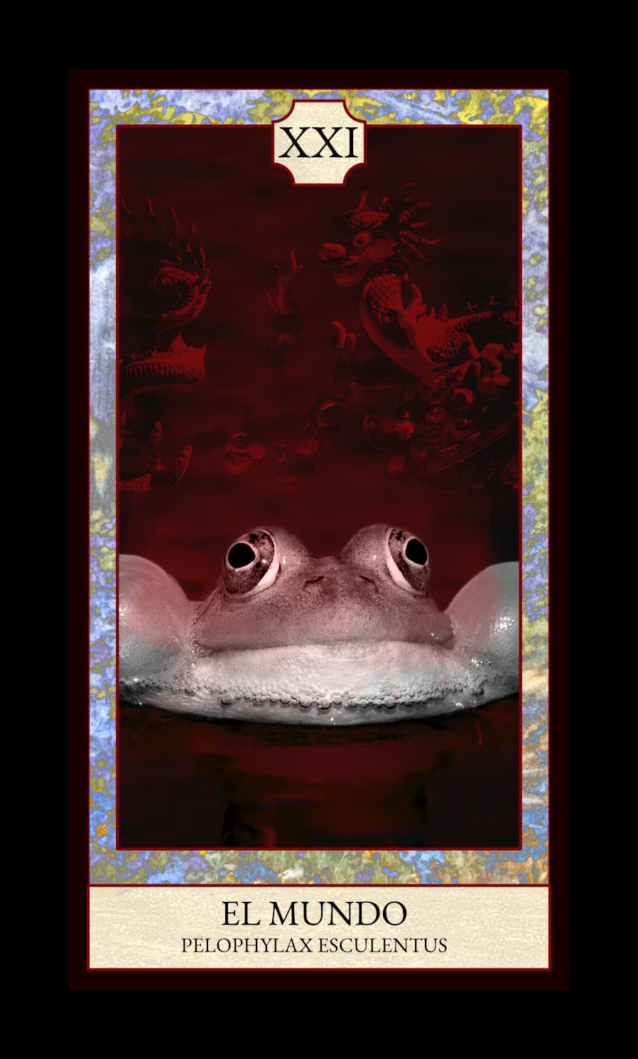 Collage digital — carta «El Mundo» del Tarot de Ranas, con la rana Pelophylax esculentus