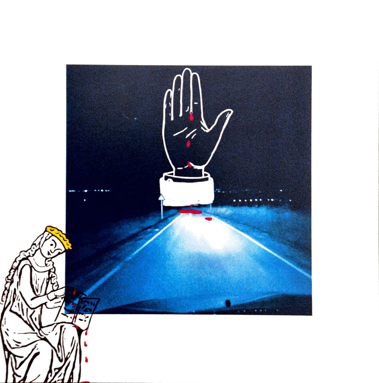 Pequeño collage digital - virgen en el margen, carretera y mano