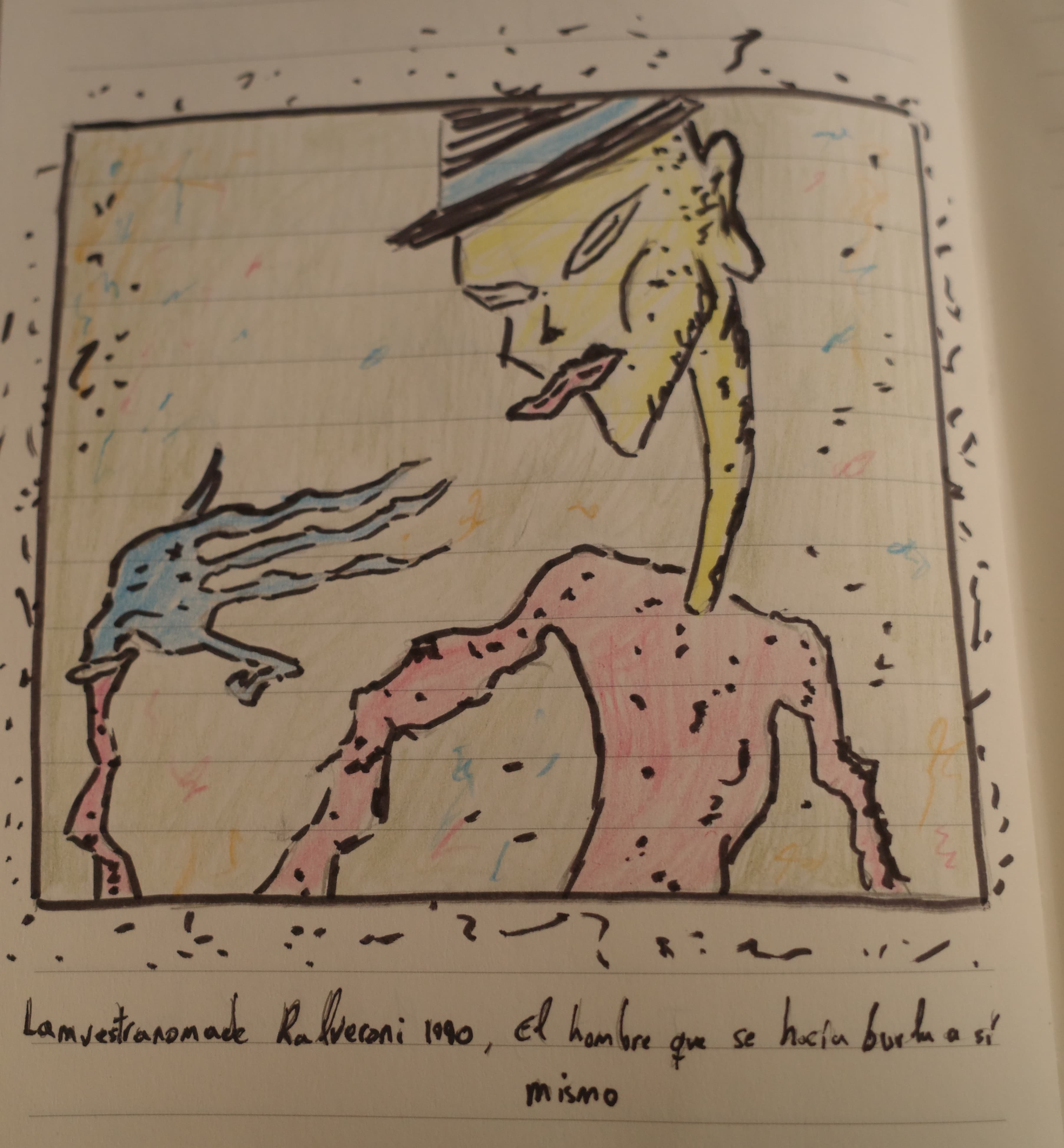 Dibujo de un hombre que se burla de sí mismo, reproducción de una obra de lamuestranomade