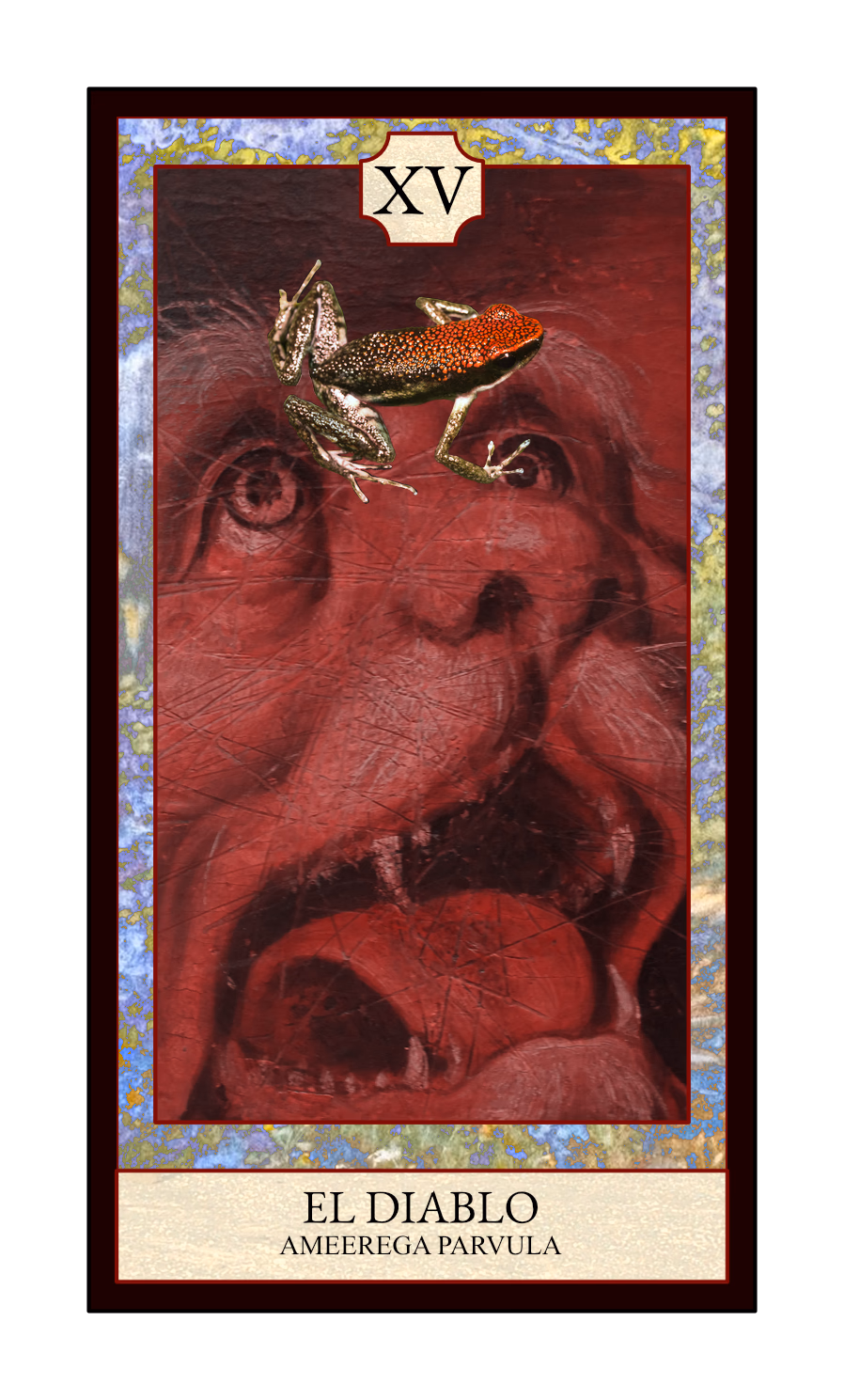 Collage digital — carta «El Diablo» del Tarot de Ranas, con la rana Ameerega parvula