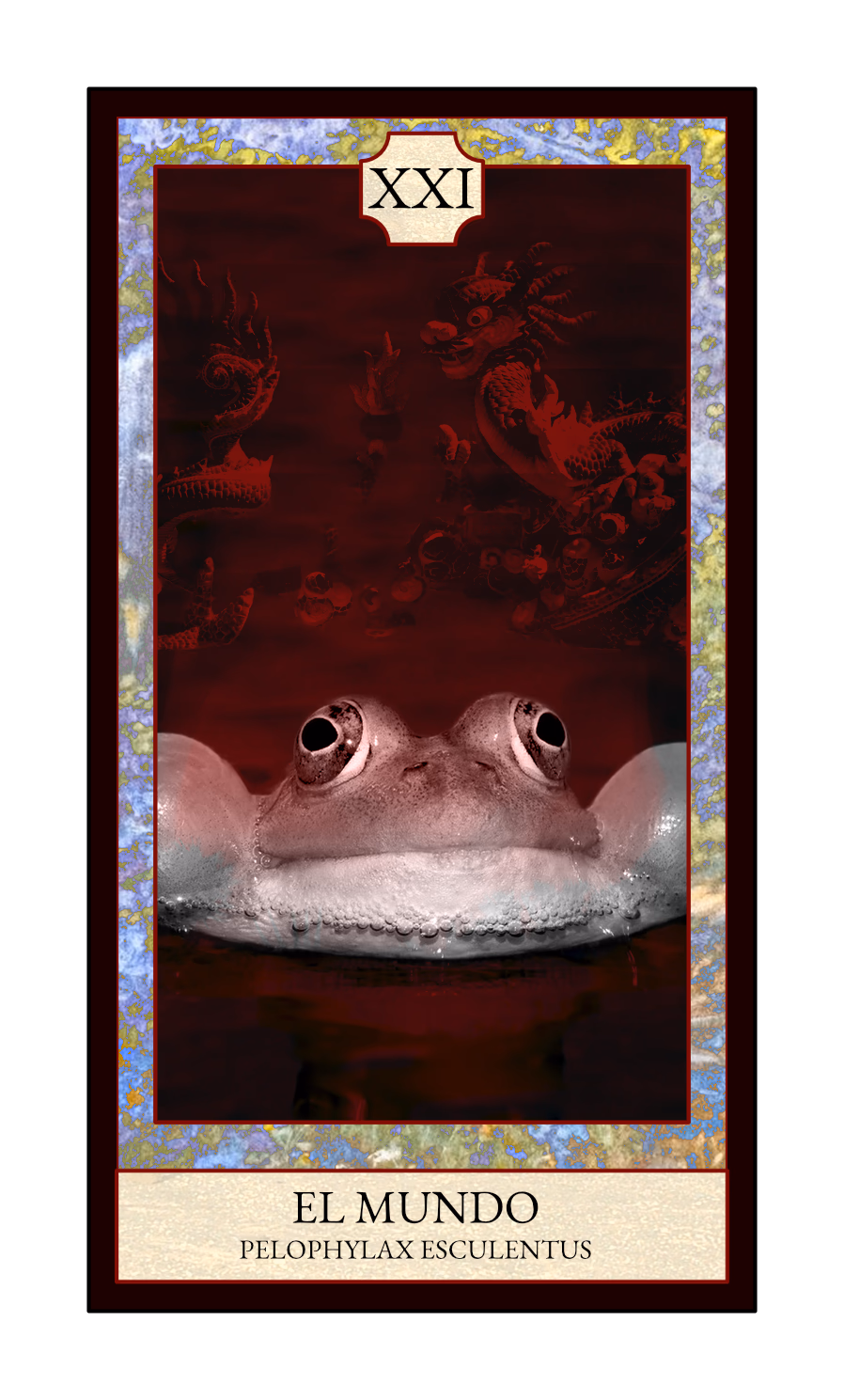 Collage digital — carta «El Mundo» del Tarot de Ranas, con la rana Pelophylax esculentus