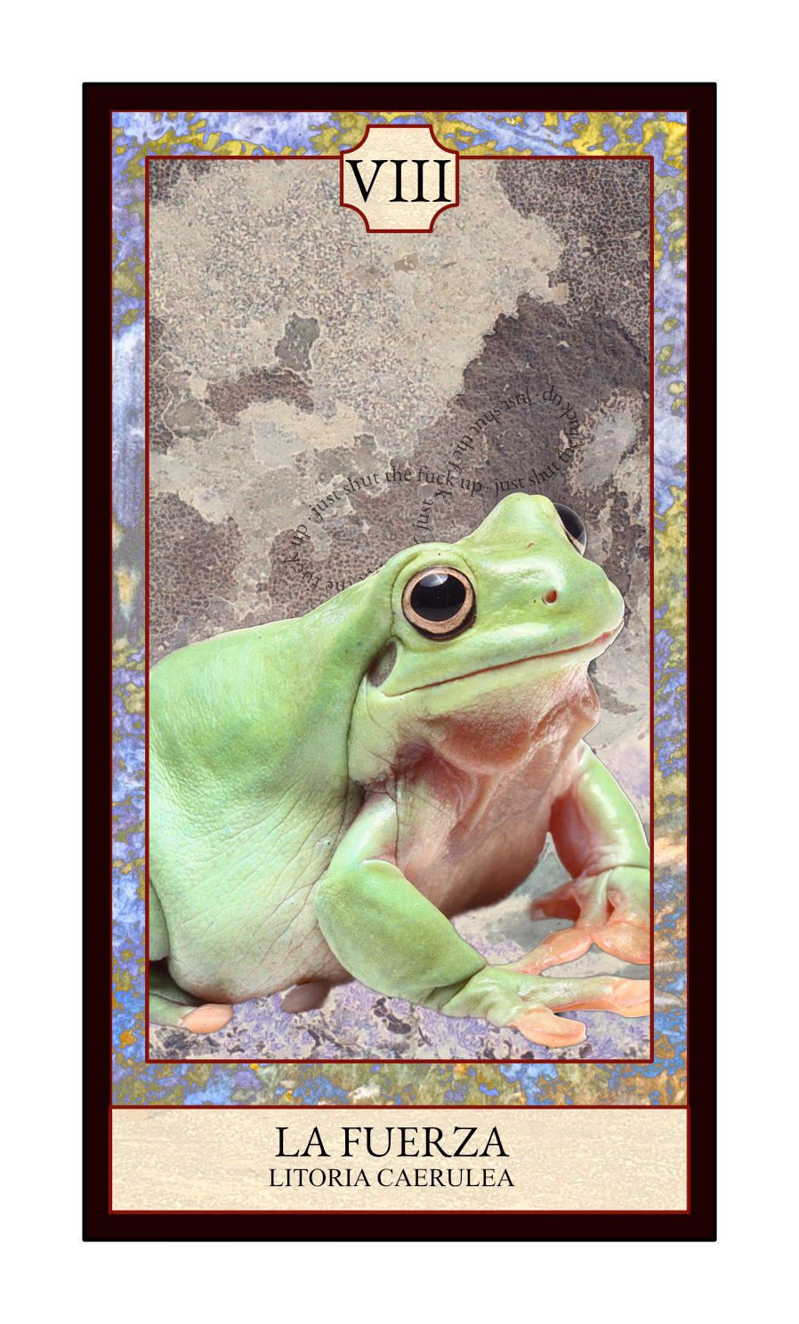 Collage digital — carta «La Fuerza» del Tarot de Ranas, con la rana Litoria caerulea